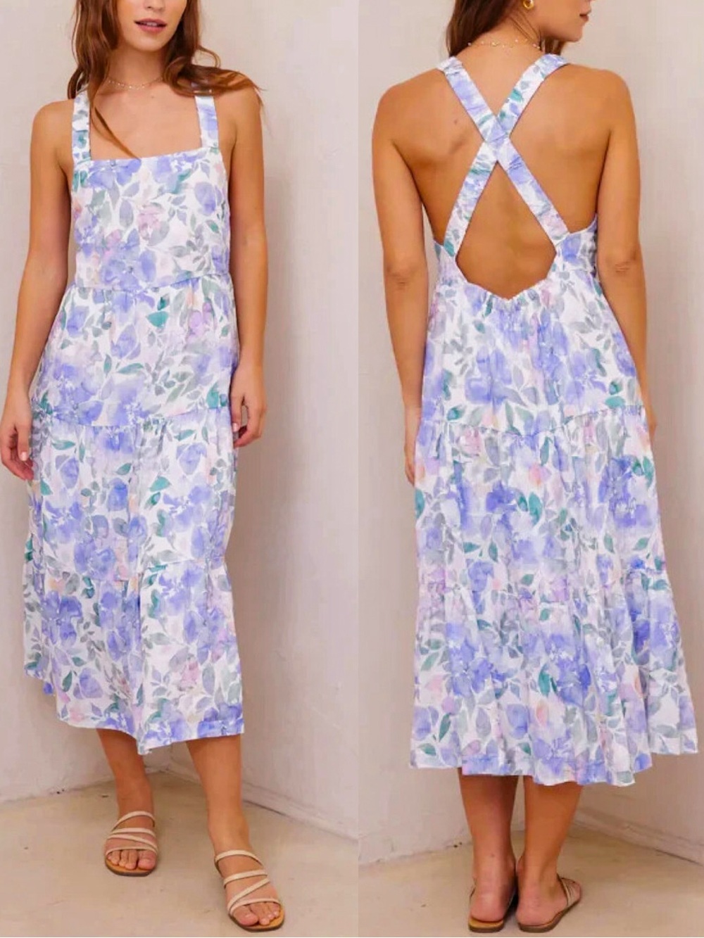 NWT! Lavender blue Floral Cross-Back Midi Dress - Bella Dahl sz M
